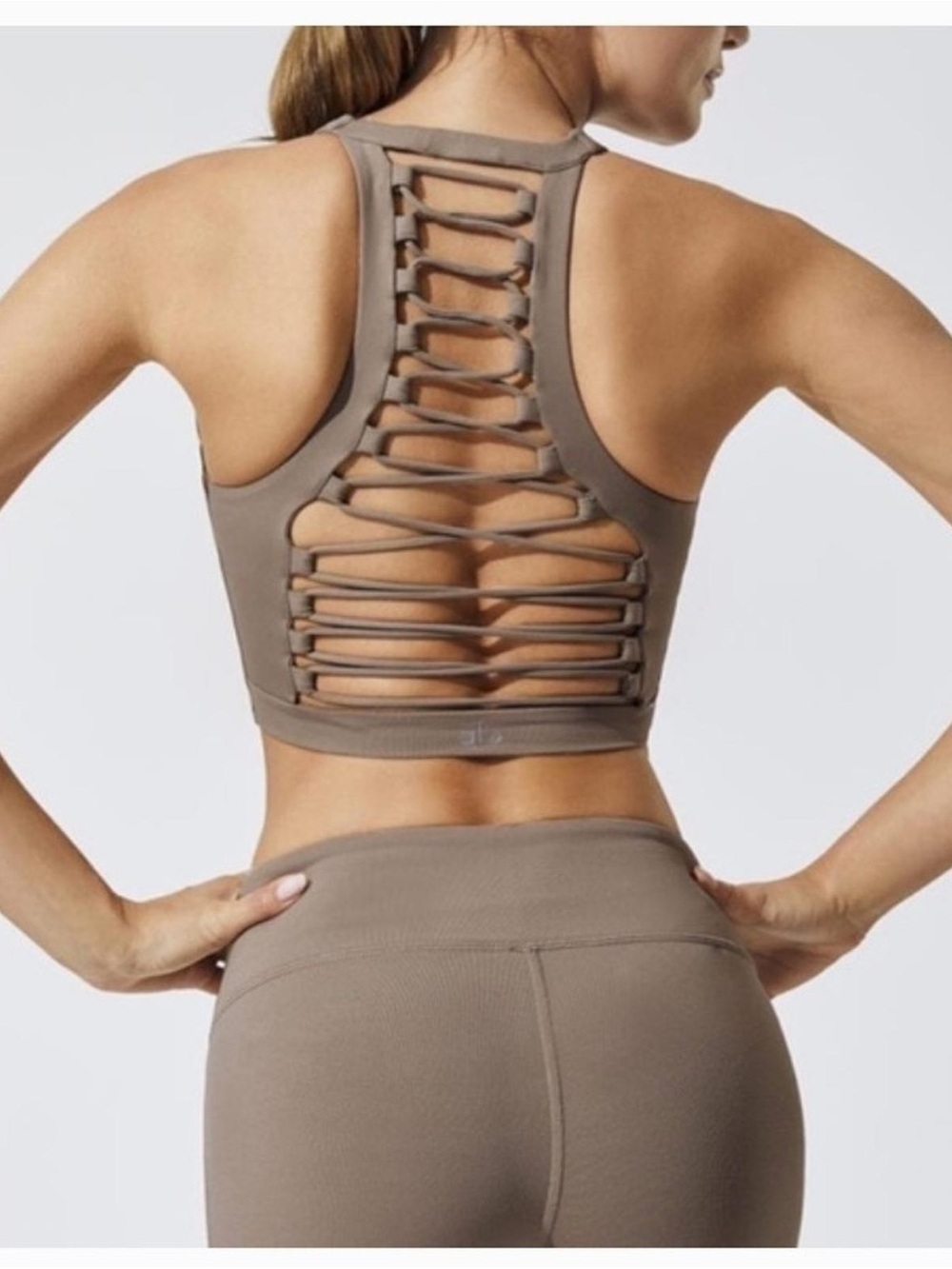 Alo Yoga Movement Sports Bra gravel beige corset lace up back